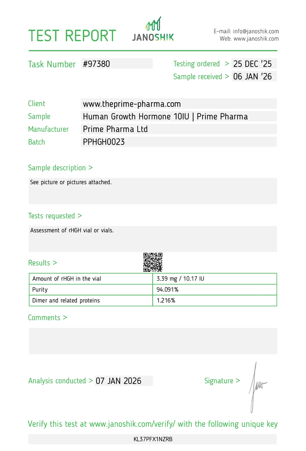 HGH 10 IU Vial Kit (10 Vials) Certificate of Analysis