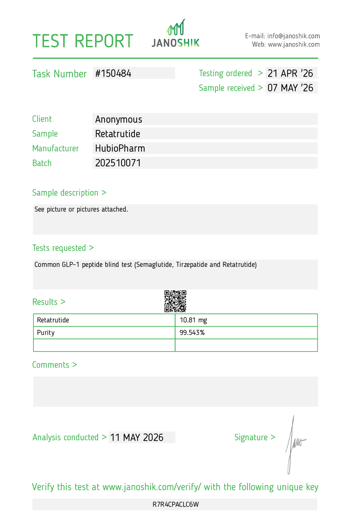 Retatrutide 10mg Certificate of Analysis